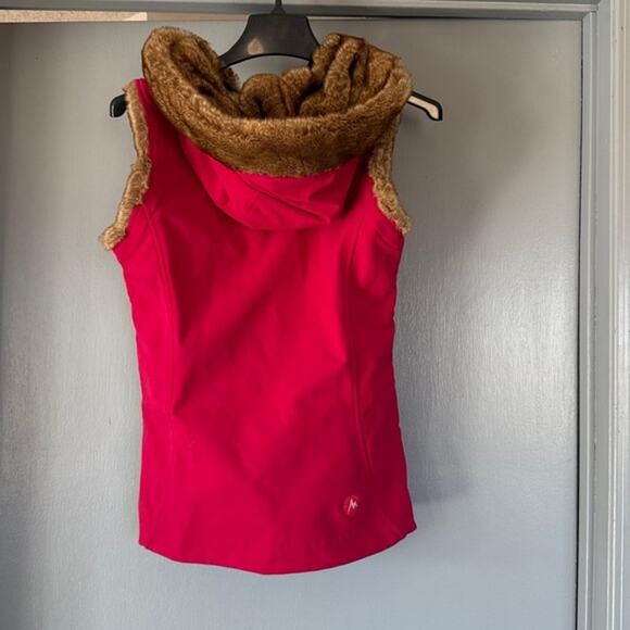 Marmot Pink Vest Brown Faux Fur Trim Zip Front Women’s Size Small S - Picture 2 of 6